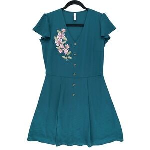 Xhilaration Green Fit Flare V-Neck Tea Dress S Pink Floral Embroidery Shirtwaist